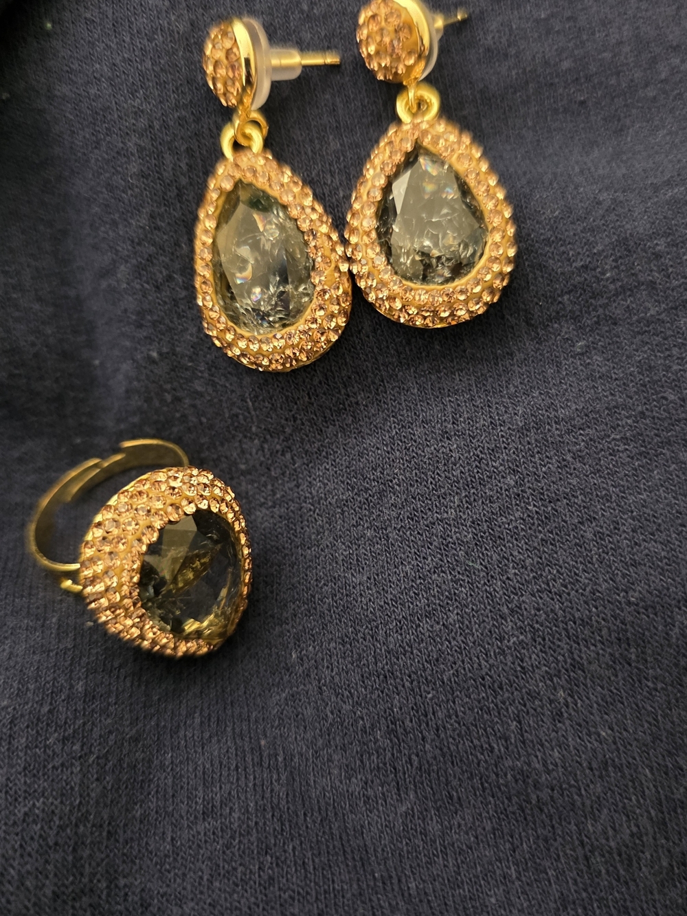 NWOTAdina Eden Gold Pavé Halo Pear Drop Earrings & Adjustable Statement Ring Set